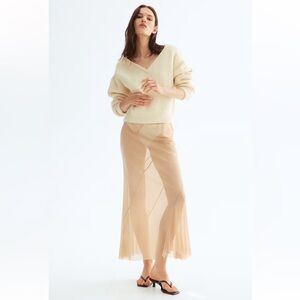 H&M Beige Sheer Mesh Long Skirt
